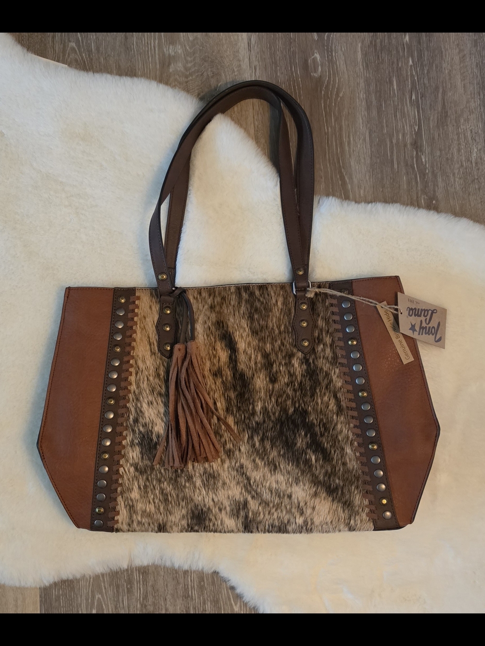 Tony Lama Western Womens Conceal Carry Genuine Leather Brindle Hide Tote Bag NWT